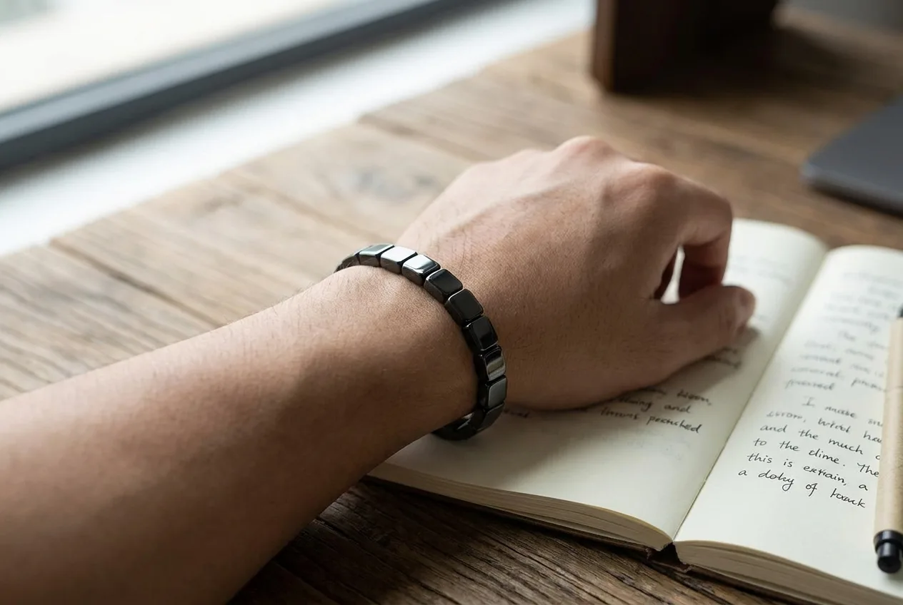 Close-up of a hematite bracelet on a wrist, resting calmly on a desk beside a notebook