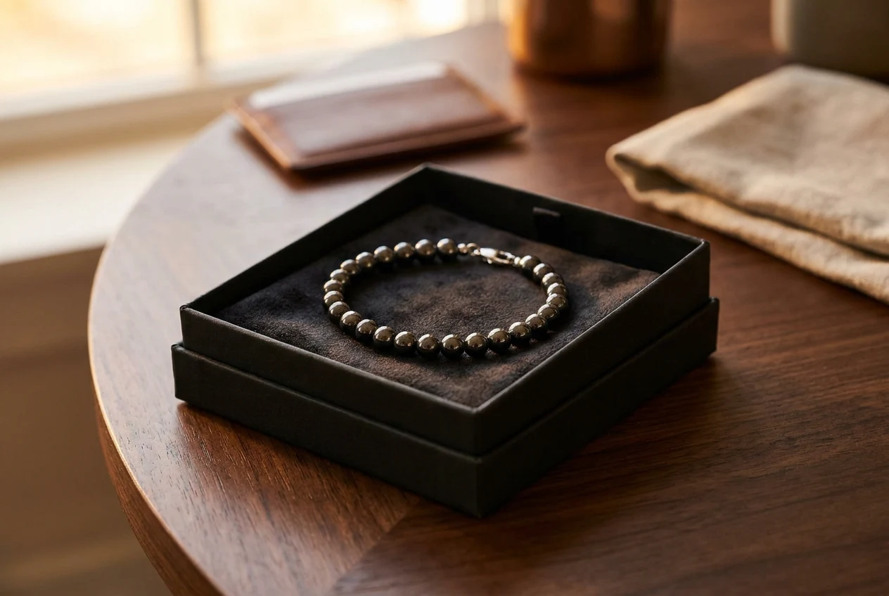 Editorial photograph of a men's hematite beaded bracelet presented inside an open gift box