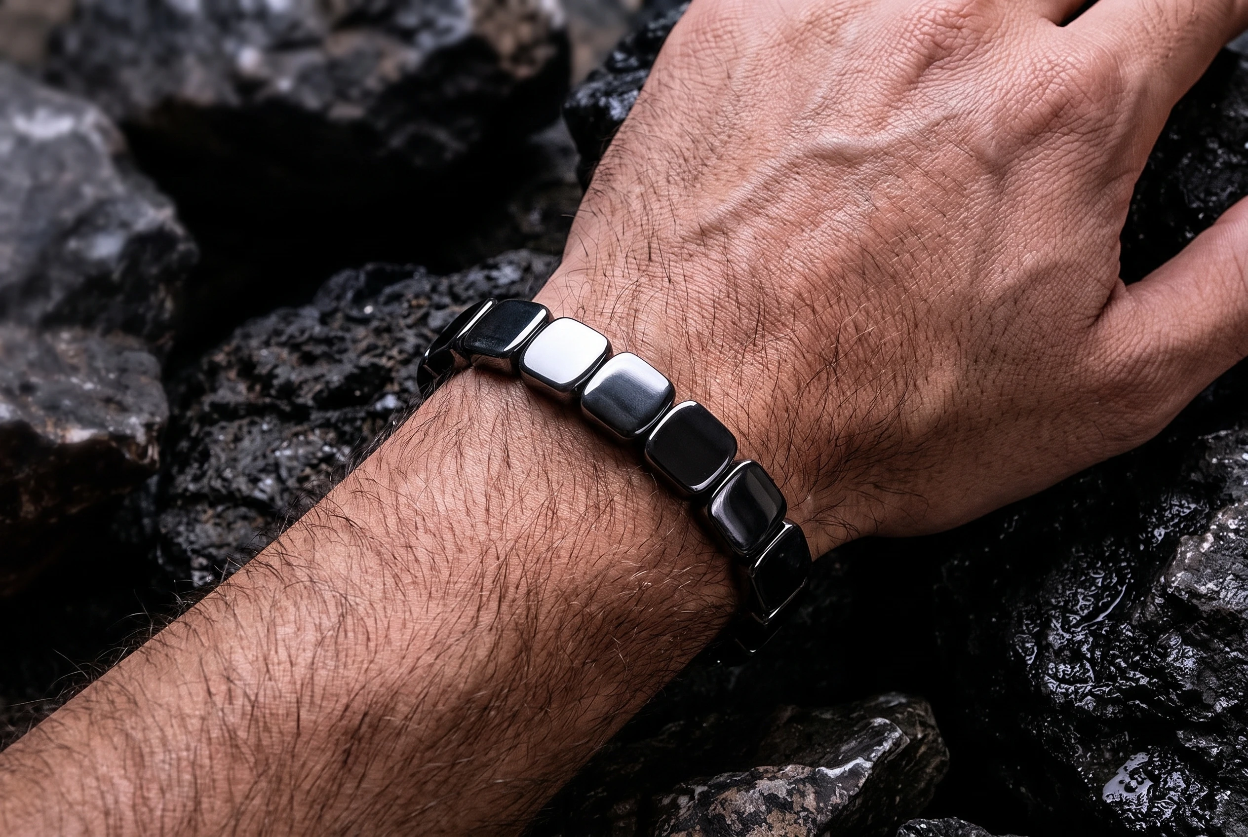 Close-up photograph of a man's wrist wearing the Hematite Men's Bracelet, resting on dark wet volcanic rock