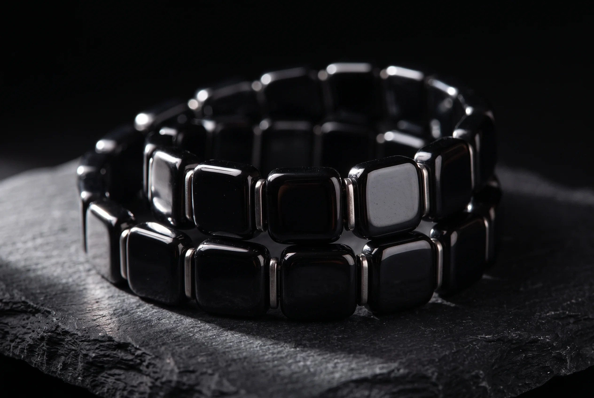Macro photograph of polished hematite beads suited to both bracelet and necklace styles, on a dark surface