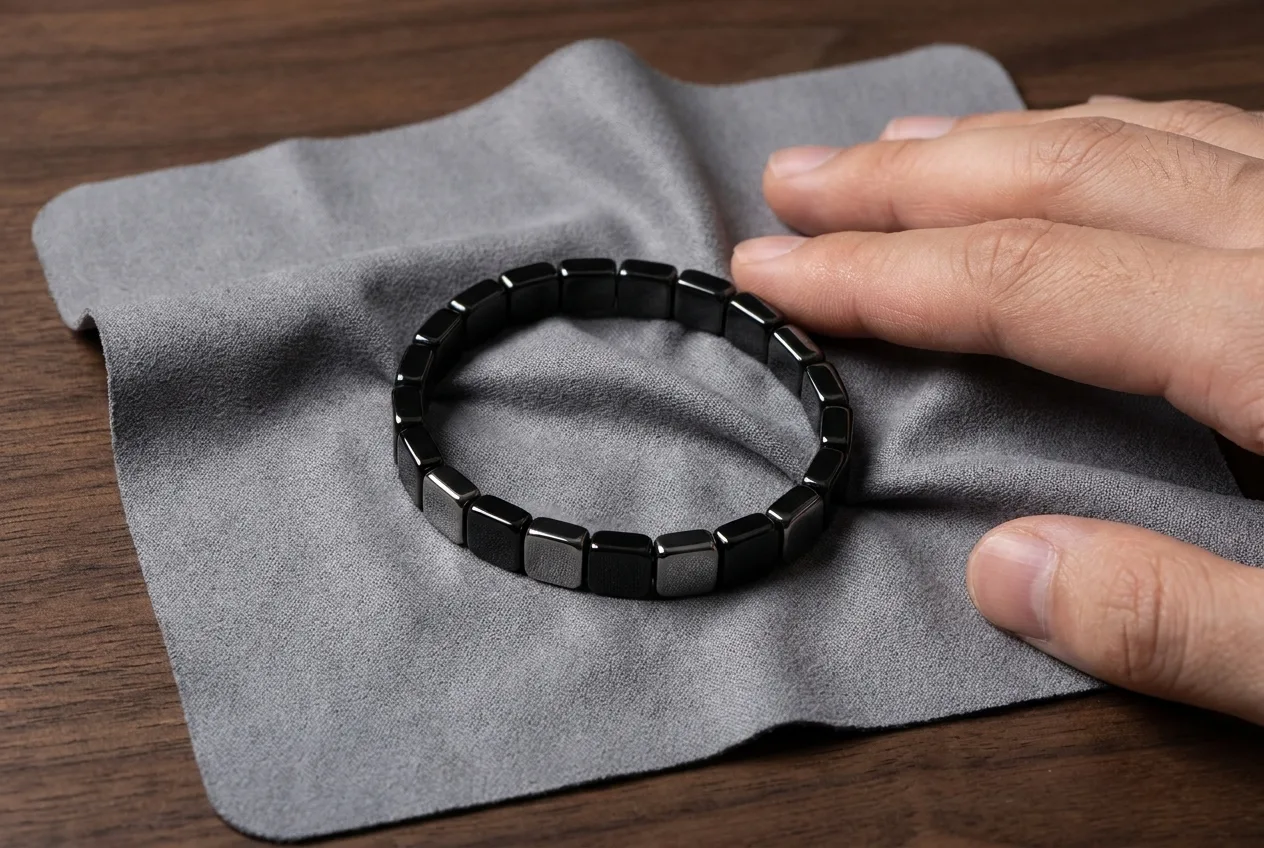 Close-up of a hand wiping a hematite bracelet clean with a soft cloth