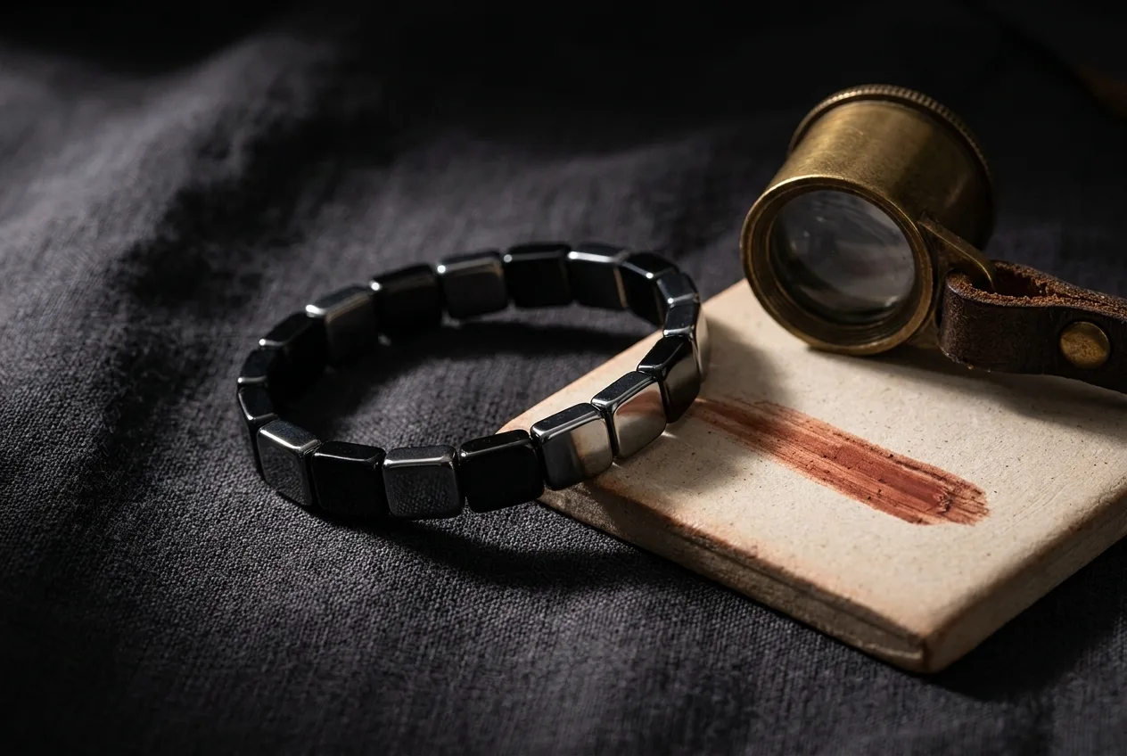 Macro photograph of a polished hematite bracelet beside a jeweler's loupe and a streak-test tile