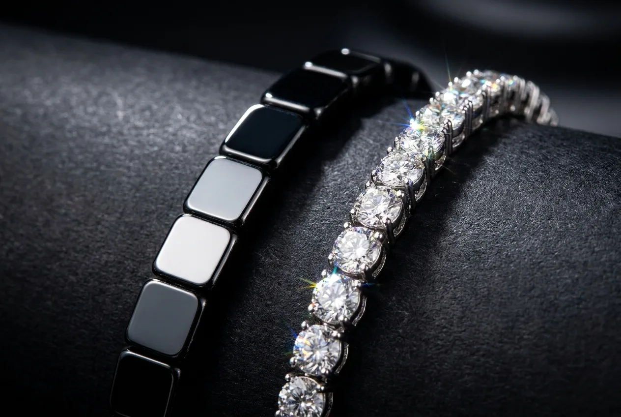 Hematite beaded bracelet next to a diamond tennis bracelet on a dark surface for comparison
