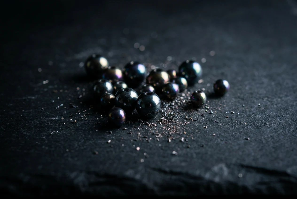 Macro photograph of loose metallic hematite beads clustering together on a dark surface