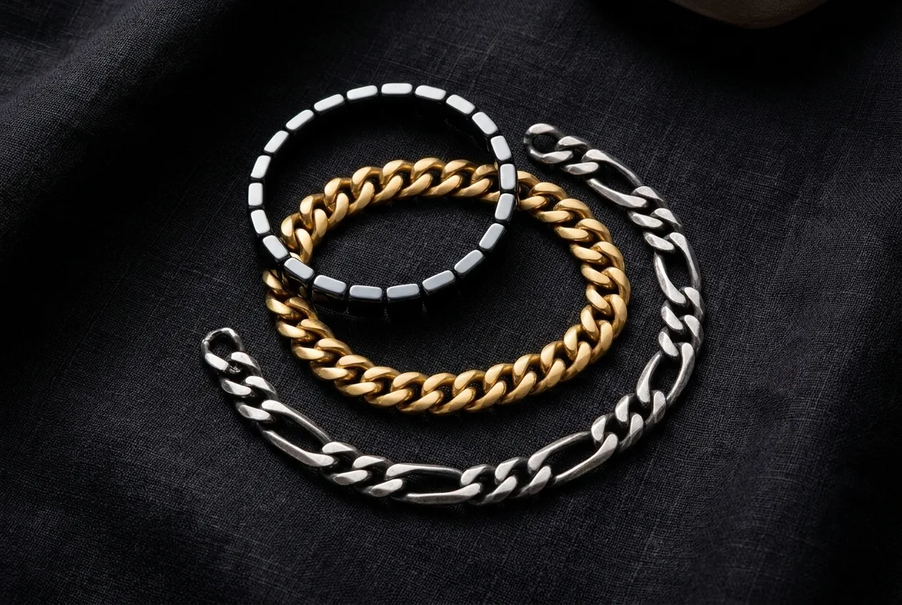 Flat-lay of several different styles of men's bracelets and a ring arranged together as a coordinated set