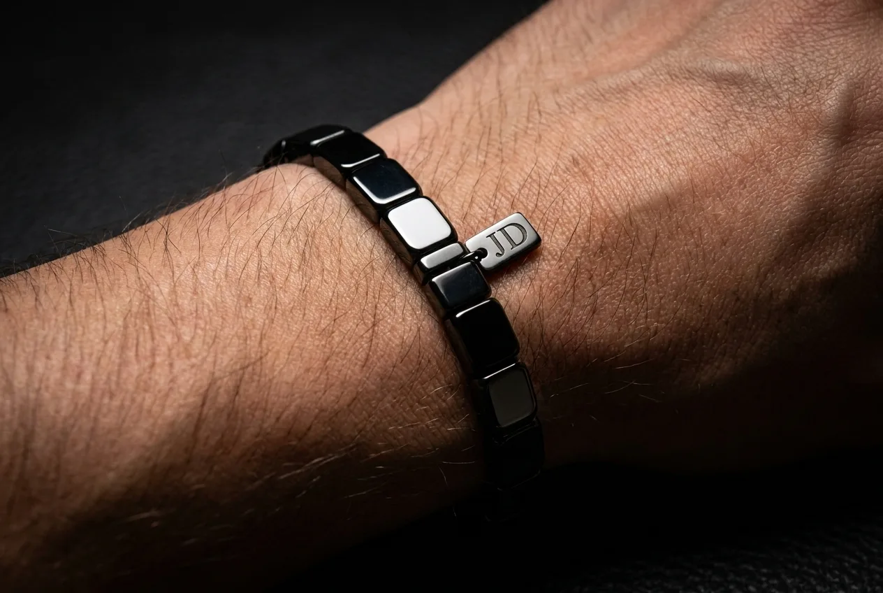 Close-up of a men's necklace pendant against a collar, styled alongside a matching bracelet