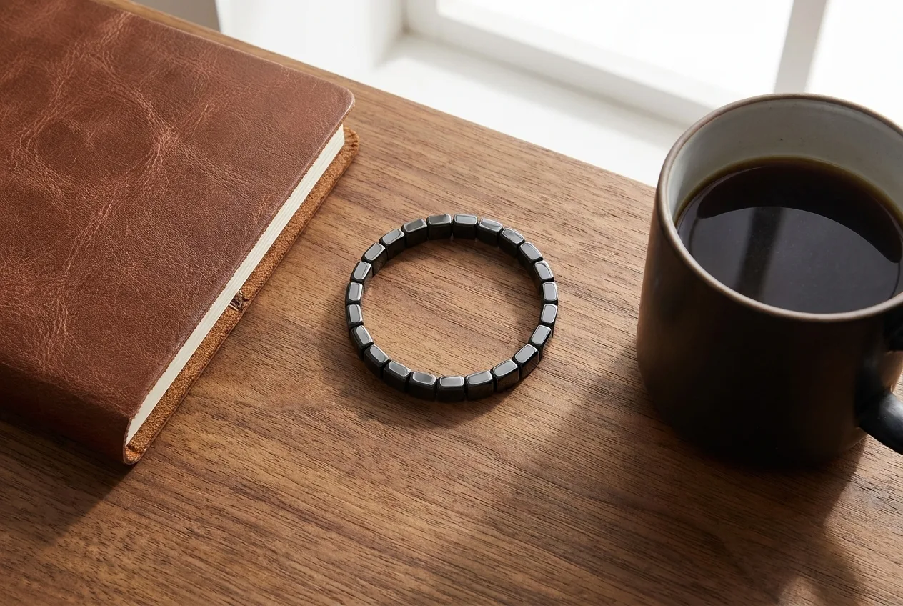 Flat-lay of a hematite bracelet, a notebook, and a mug arranged as a self-care gift set