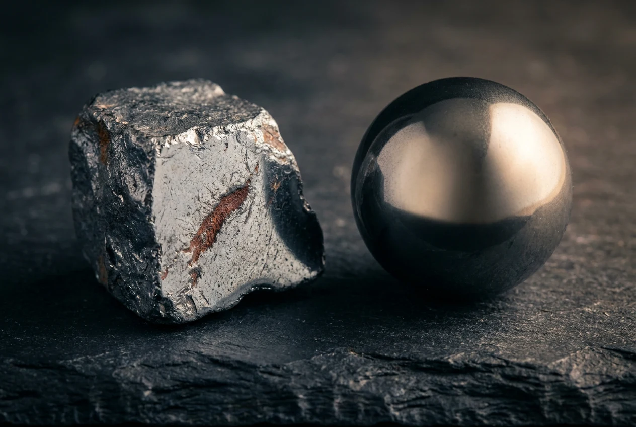 Macro photograph of raw and polished hematite stones side by side on a dark surface