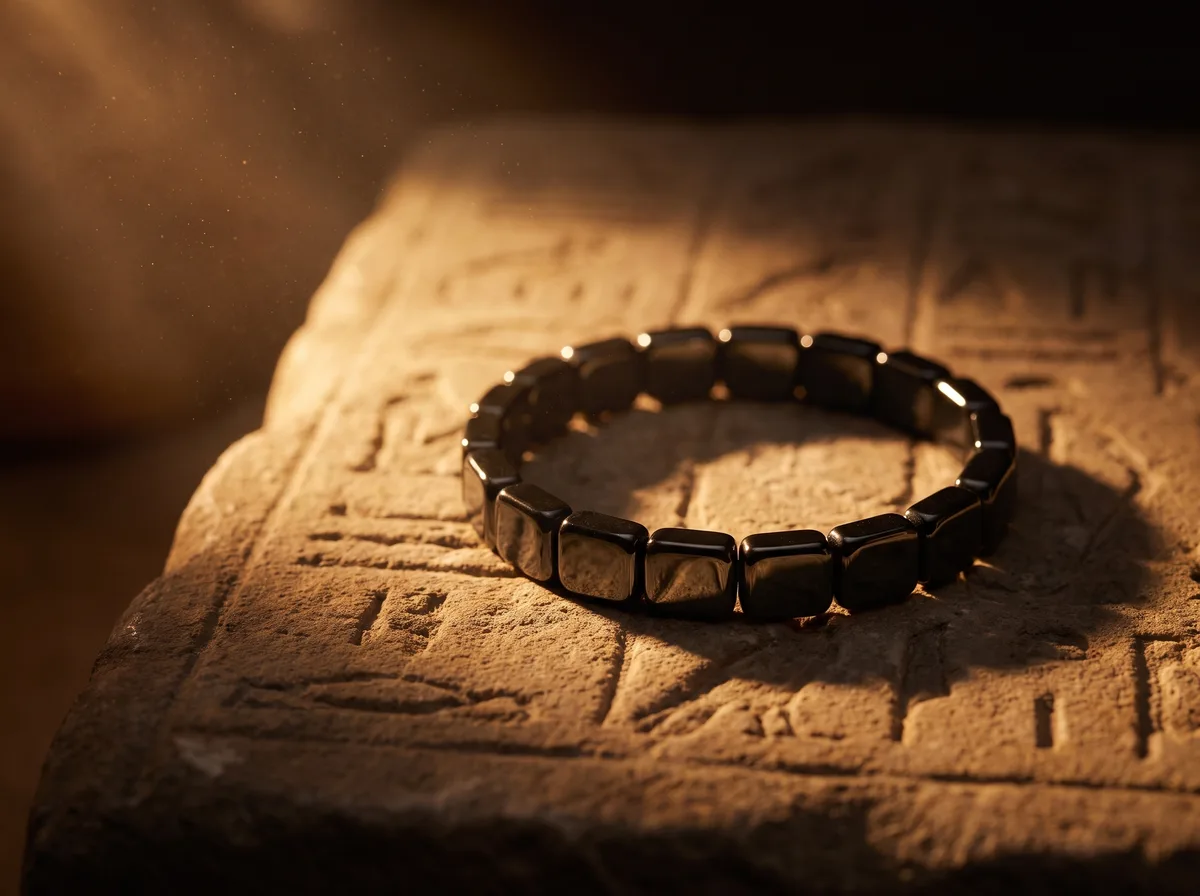 The genuine HimVolt tablet-cut hematite bracelet resting on a carved ancient stone slab, lit by warm torchlight